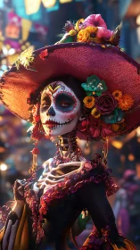 Elegant Catrina skeleton stands amid vibrant festival glow.