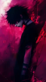 Somber anime boy rests in vivid red and purple shadows