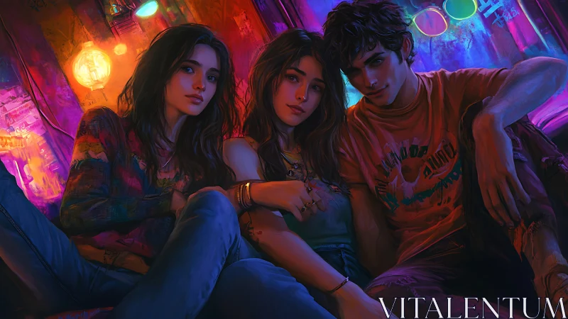 Neon-lit youth trio in saturated cinematic lounge portrait.