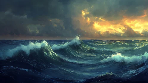 Stormy ocean waves rise under glowing yellow sunset sky