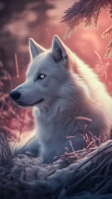 Moon-eyed winter wolf resting beneath emberlit pines.