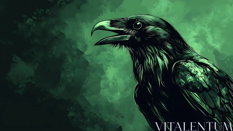 Emerald raven in swirling green mist, mid-cry and luminous.