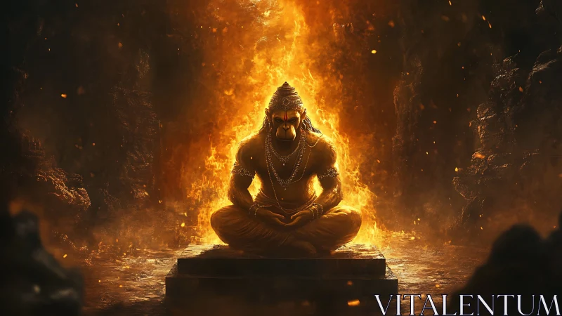 Meditating warrior deity in fiery cavern environment.