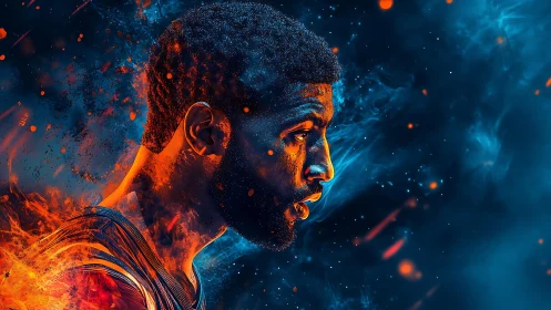 Blazing court warrior ignites against a storm of blue starlight.