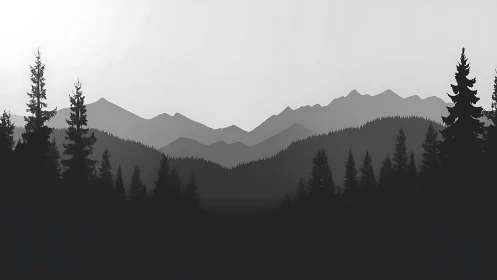 Layered pine forest silhouettes against misty mountains.