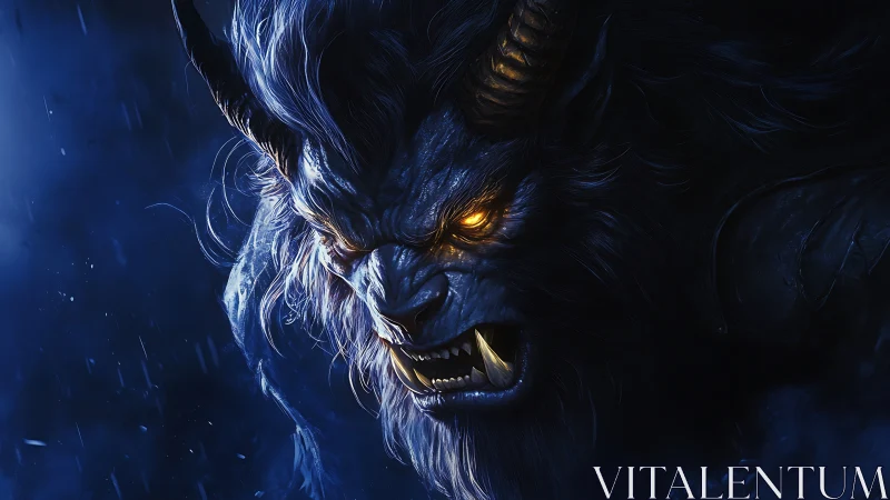 Midnight horned beast ignites the storm with molten gaze.