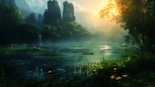 Lush mountain lake at sunrise with mist and wildflowers.