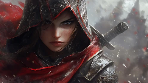 Battle-worn assassin in red hood rendered with cinematic lighting