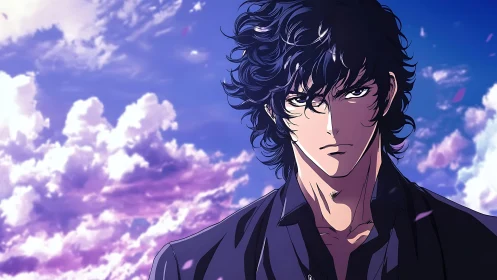 Wind-swept anime protagonist under high-saturation twilight sky
