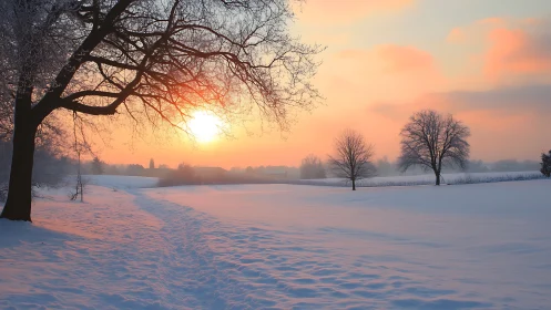 Winter sunrise colors snowfield with silhouetted trees.
