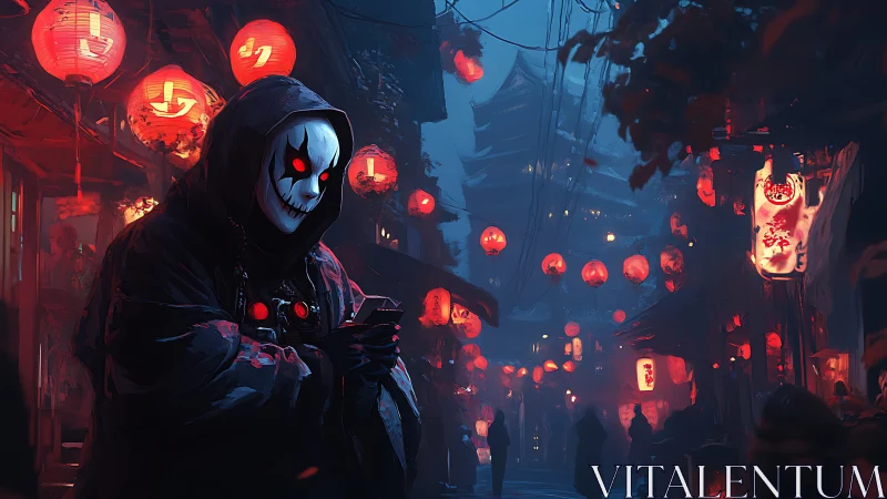 Lantern-lit alley stalked by a hooded digital reaper figure.