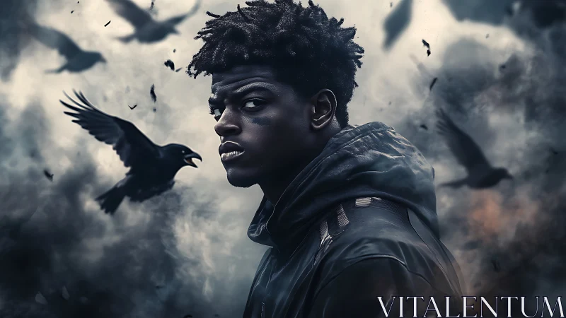 Moody portrait of hooded man amid dynamically blurred ravens