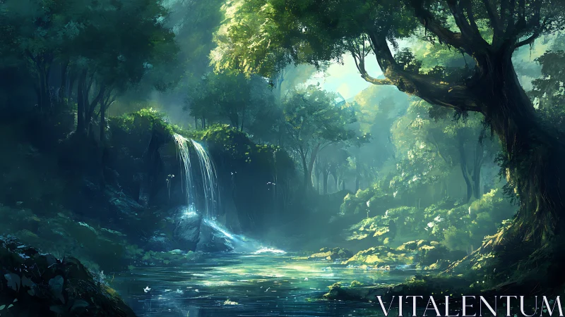 Enchanted Forest Grotto with Luminous Waterfall and Atmospheric Radiance.