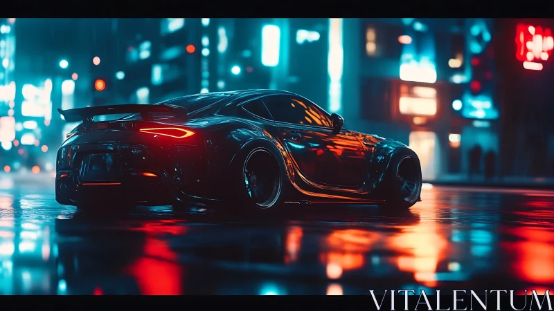 Sleek sports car glows against neon city streets in rain