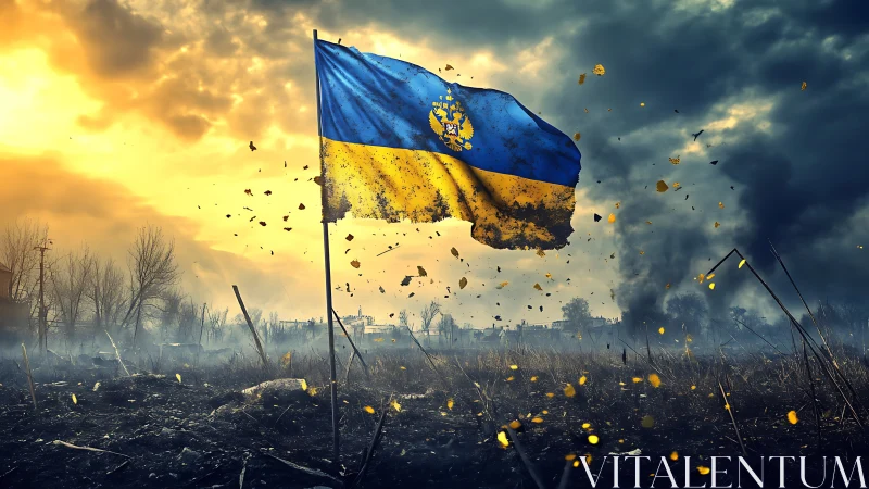 War-torn Ukrainian flag amid burning battlefield sky at dusk.