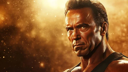 Muscular man stares forward under intense golden backlight