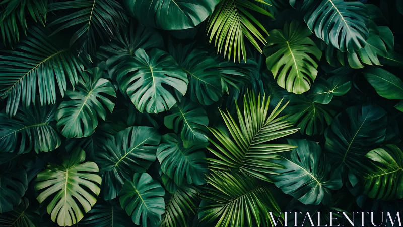 Dense arrangement of tropical green foliage leaves pattern.