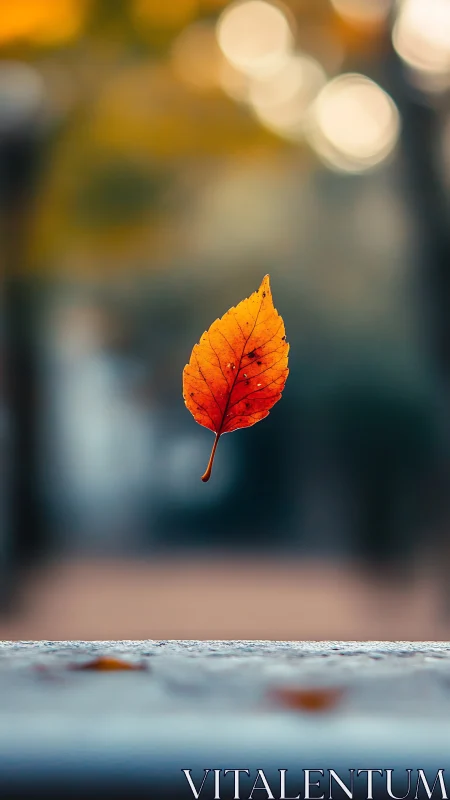Suspended autumn leaf in shallow depth-of-field bokeh study.