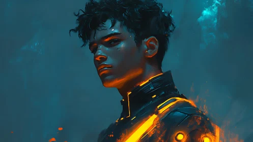 Neon lit cyberpunk portrait with teal and orange contrast.