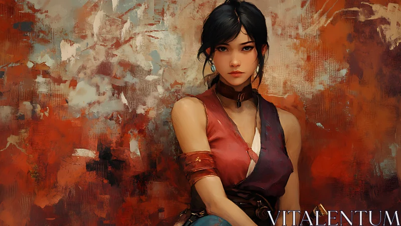 Warrior portrait against abstract rusted palette field.