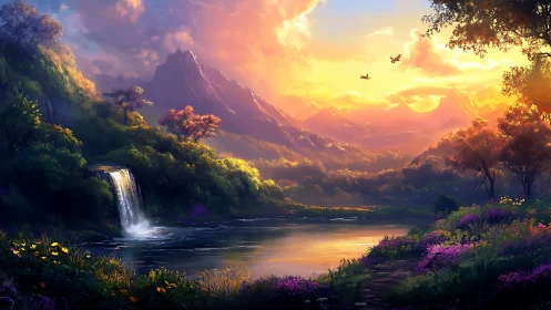 Sunlit valley retreat with glowing mountains and gentle falls.