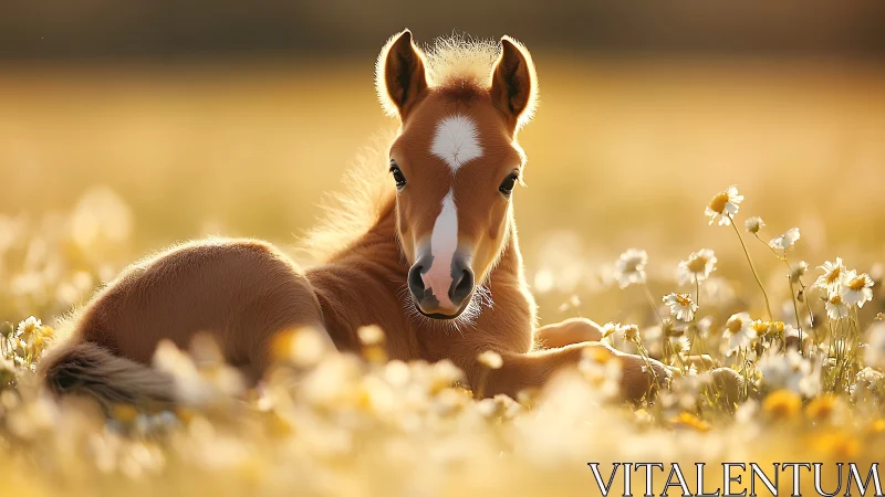 Gentle foal resting in soft golden light among wildflowers.