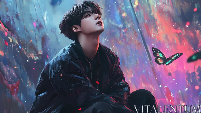 Stargazing dreamer beneath neon rain and silent butterflies.