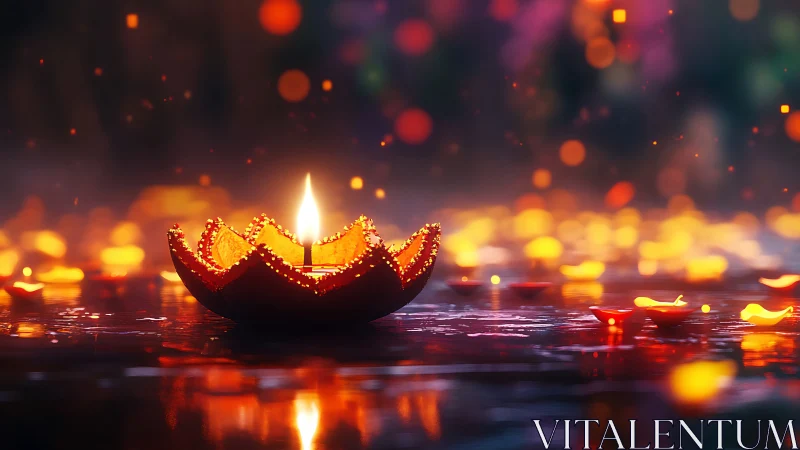 Floating diya glow over water with vibrant bokeh lights.