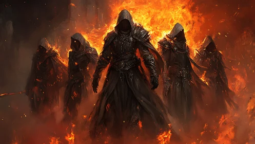 Hooded fireborn warlocks stride through a blazing inferno.