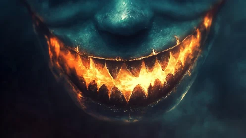 Sinister fiery grin on dark teal demonic face.