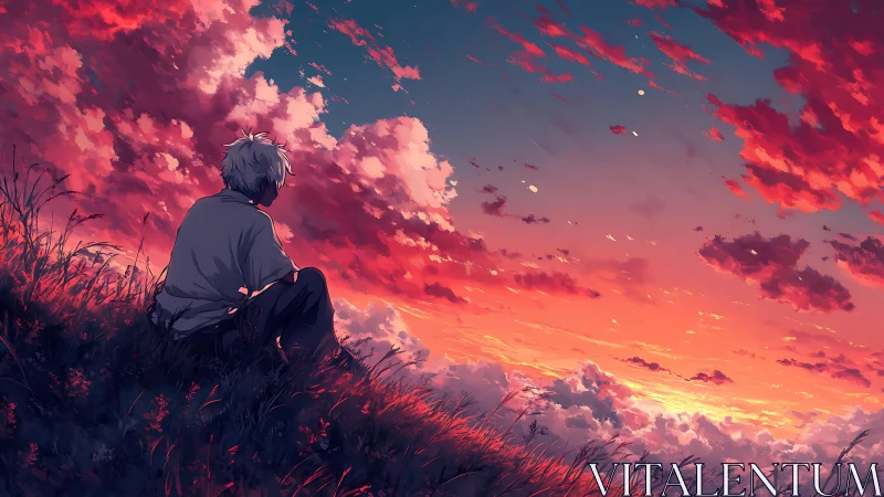 Solitary anime boy watching vivid red sunset sky.