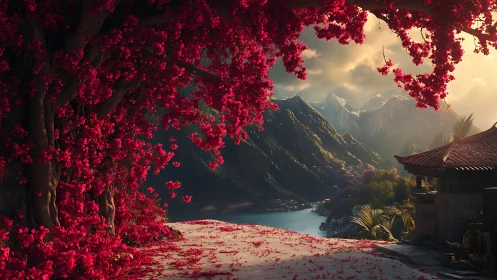 Crimson blossom arch framing serene mountain lake vista.