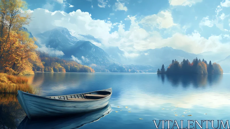 Quiet rowboat dreaming on glassy autumn mountain lake.