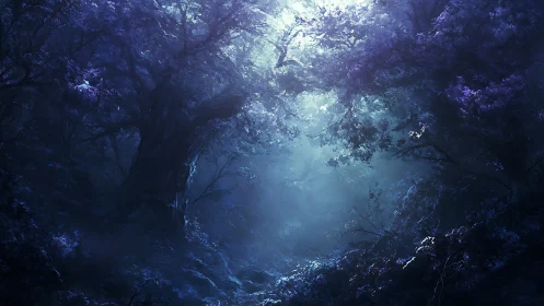 Moonlit Enchanted Forest Shrouded in Blue Mist.