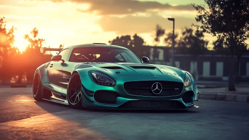 Sunlit teal Mercedes AMG coupe rendered in cinematic photorealism