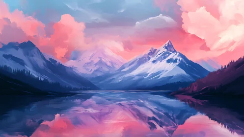 Pink twilight clouds crown snowy peaks above still lake.