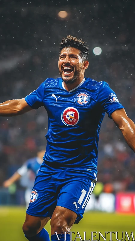 Triumphant football forward celebrating wet night goal.