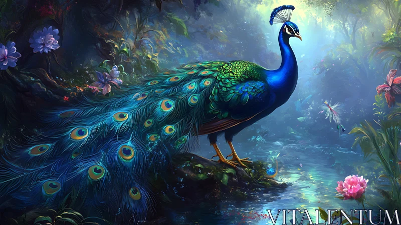 Peacock stands on forest stream bank in dense stylized foliage
