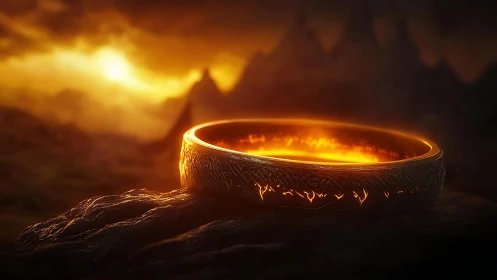 Luminous Ring Glowing Brilliantly Against Dark Volcanic Landscape.