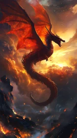 Fiery red dragon soaring over burning volcanic cliffs.