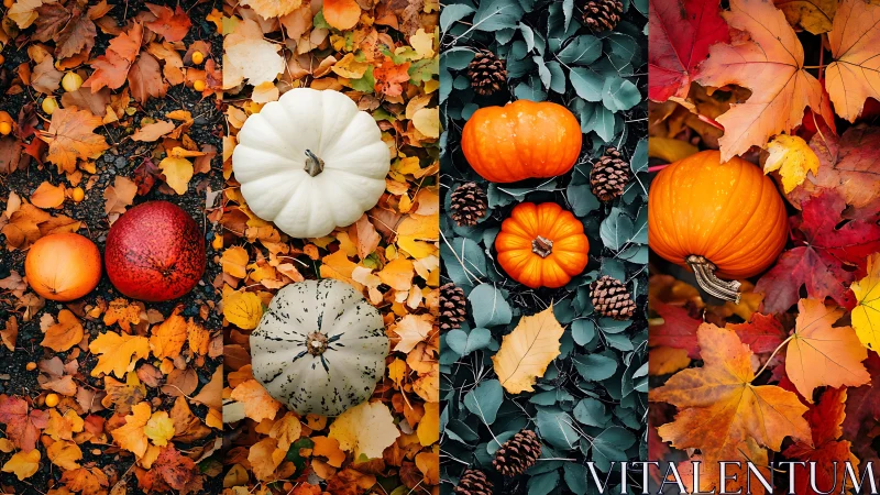 Colorful pumpkins resting on dense layers of autumn leaves.