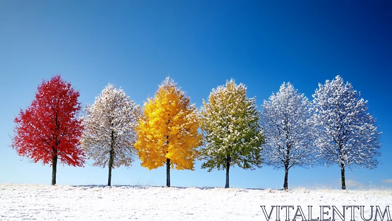 Photorealistic color-spectrum trees on snowy horizon line.