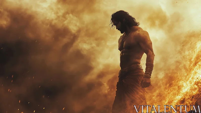 Fire-wreathed warrior pauses inside a storm of burning dusk.