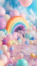 Pastel balloon landscape with arched rainbow structure.