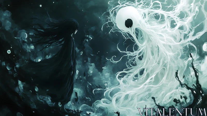 Dark robed figure observes luminous amorphous entity underwater