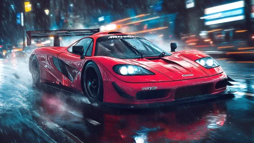 Red rain-slick supercar hunts neon streaks through night streets.