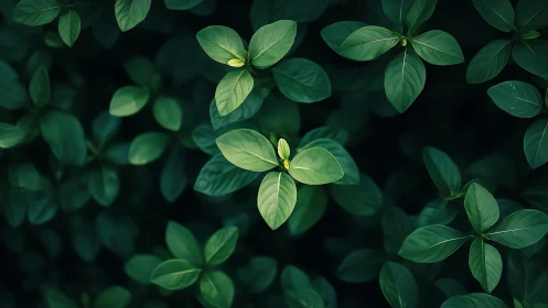 Lush green foliage with central bud under moody soft light.