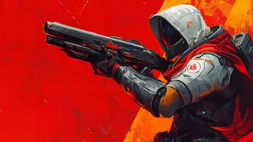 Hooded sci fi sniper aims forward against blazing red void