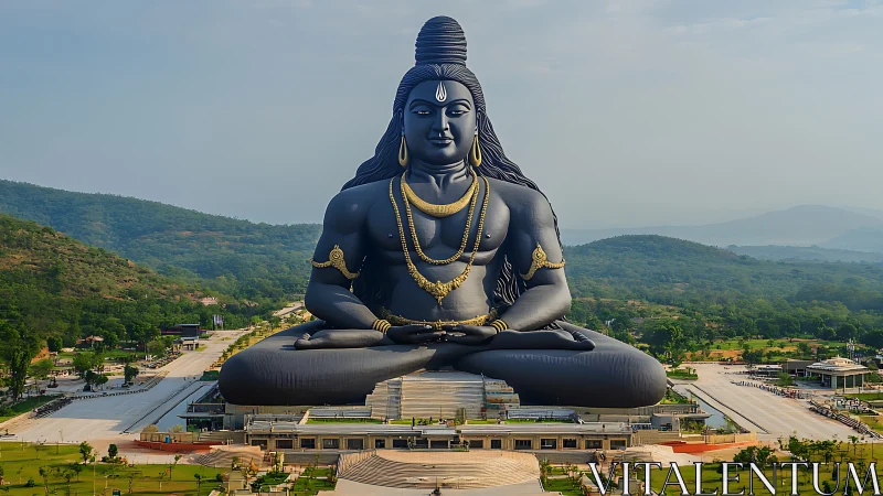 Large seated Shiva statue dominates landscaped valley setting