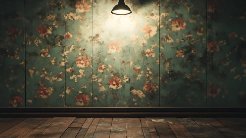 Single overhead lamp illuminates distressed teal floral wall